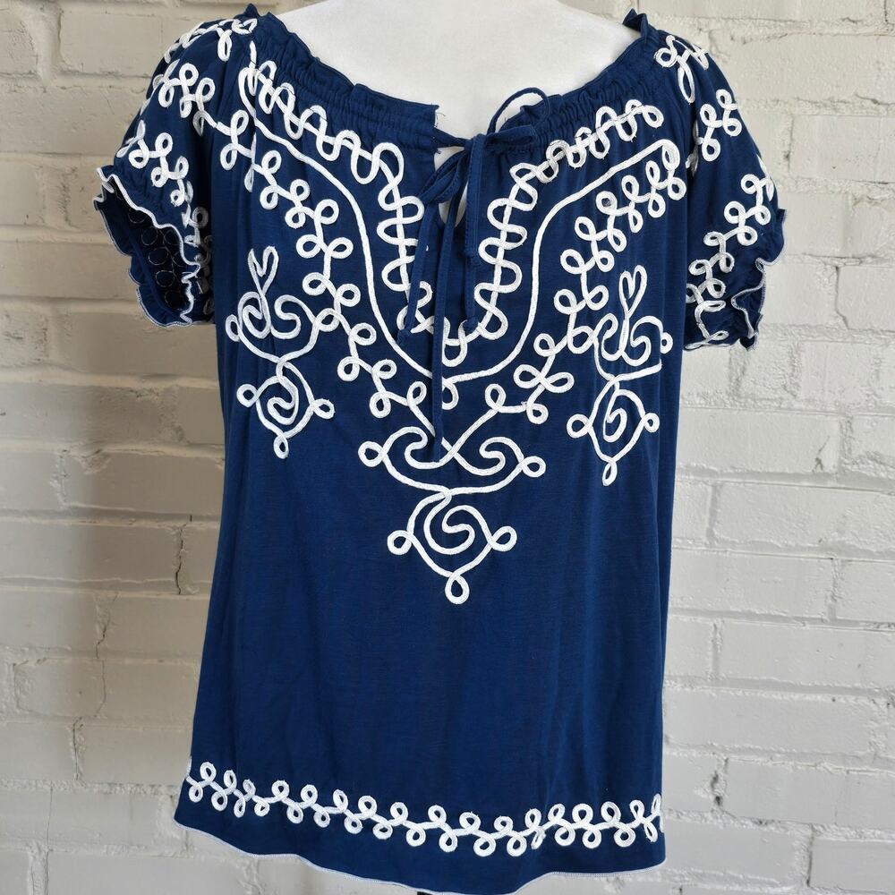 Lauren Michelle Blue w/ White Embroidered Off Shoulder Tie Neck Peasant Shirt